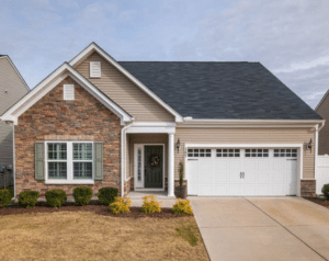 A house with a garage door