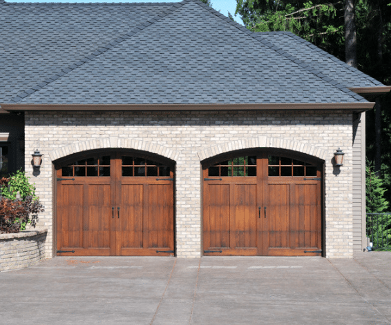 Modern wooden garage door with windows