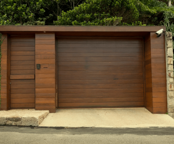 Wooden garage with pedestrian door